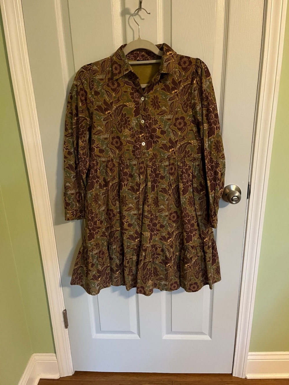Floral Long-Sleeve Tiered Dress in Olive and Maroon